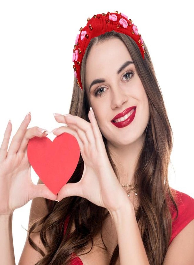 YAHPERN Valentine’s Day Headband for Women Red Pink Heart Knotted Headband Jeweled Rhinestone Crystal Wide Top Knot Hairband Valentine’s Day Hair Accessories Holiday Gifts (Letter Heart) - Image 3